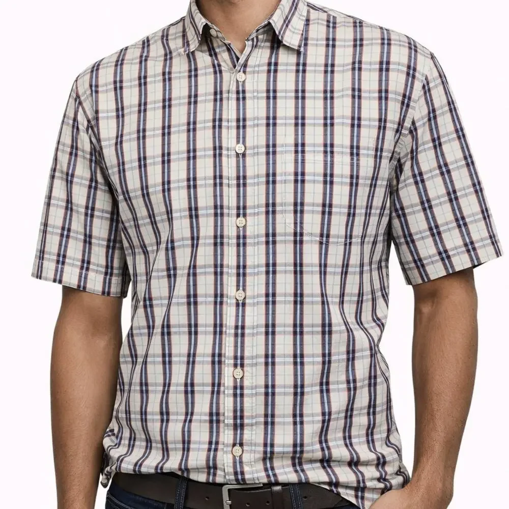 J. Crew Short Sleeve Shirt Men L Button Up Ivory Orange Navy Plaid Check Vintage